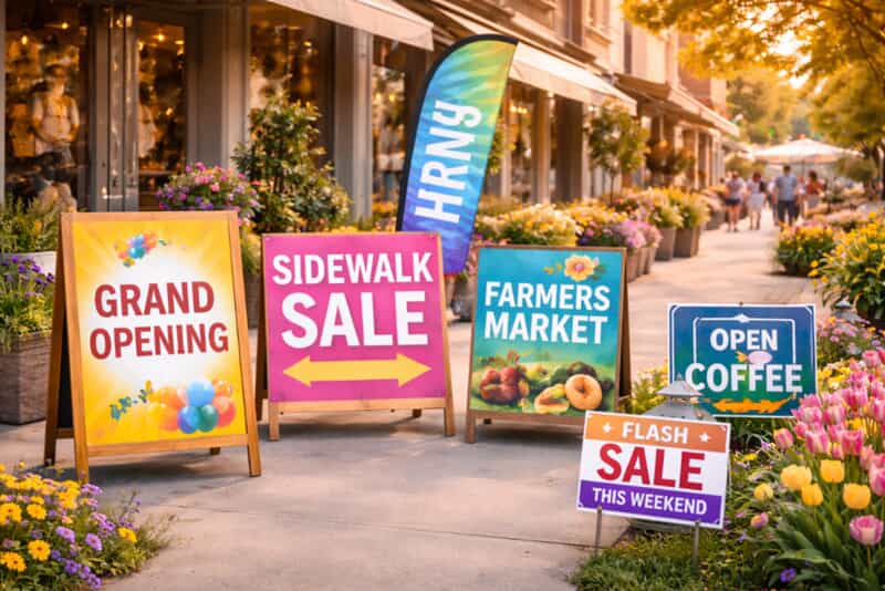 An image of several A-Frame signs that markets sales and grand openings.